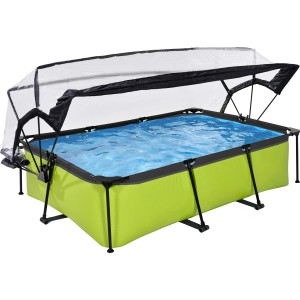Rechteckiger, grüner Stahlrahmenpool mit Abdeckung und Filterpumpe. EXIT Lime Pool 220x150x65 cm.