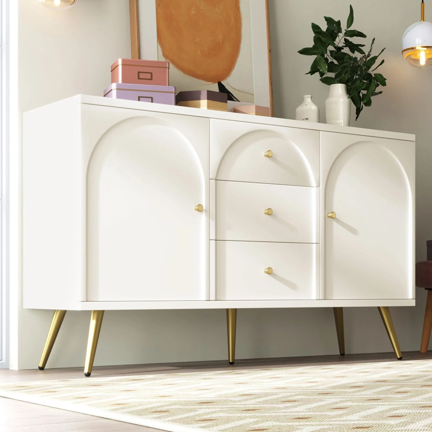 okwish Kommode mit Türen Schubladen Wohnzimmer Schlafzimmer 84x140x40cm Cremeweiß_3