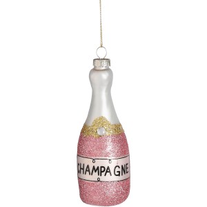 Rosa Champagnerflasche als Weihnachtsbaumschmuck, 13,5 cm hoch.