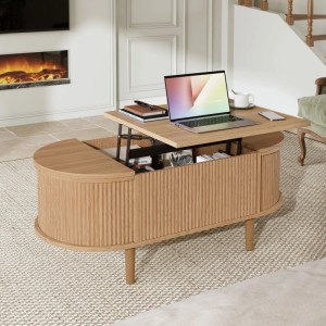 okwish Couchtisch mit Stauraum Verstellbar Holzbeine Wohnzimmer 100x48x53 cm Natur