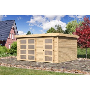 Naturbelassenes Karibu Gartenhaus Mühlentrup mit Flachdach und Doppeltür. Holz-Gartenhaus für den Garten.