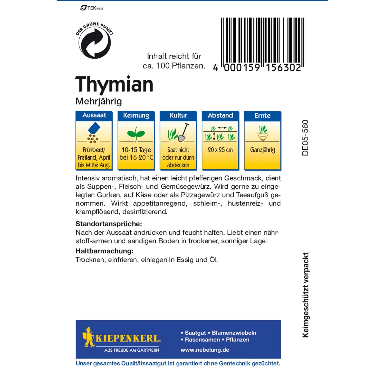 Kiepenkerl Thymian mehrjährig, aromatische Kräutersamen für Garten und Küche.