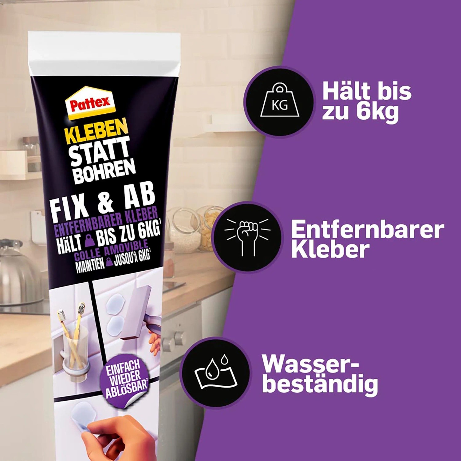 Tube Pattex Montagekleber Fix & Ab, transparent, zum Kleben statt Bohren bis 6kg.