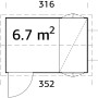 Grundriss Palmako Hühnerstall Chick 6,7 m² mit Maßen und Türposition.