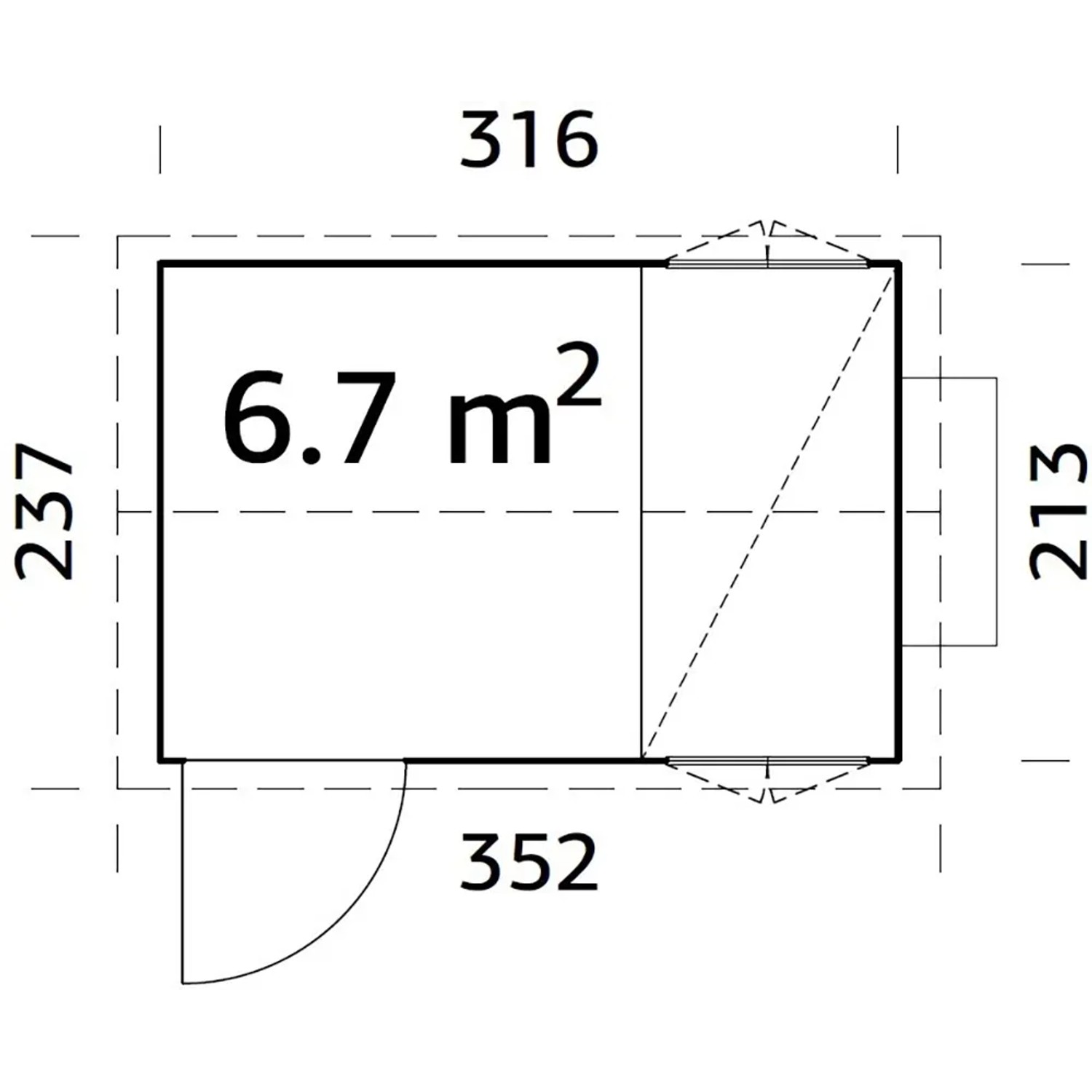 Grundriss Palmako Hühnerstall Chick 6,7 m² mit Maßen und Türposition.