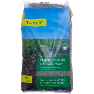 Manna Rasendünger mit Bodenaktivator, 10 kg Sack für gesunden Rasen.