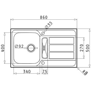 Technische Zeichnung: Pyramis Einbauspüle Athena 1 1/4B 1D Edelstahl, Maße und Details.