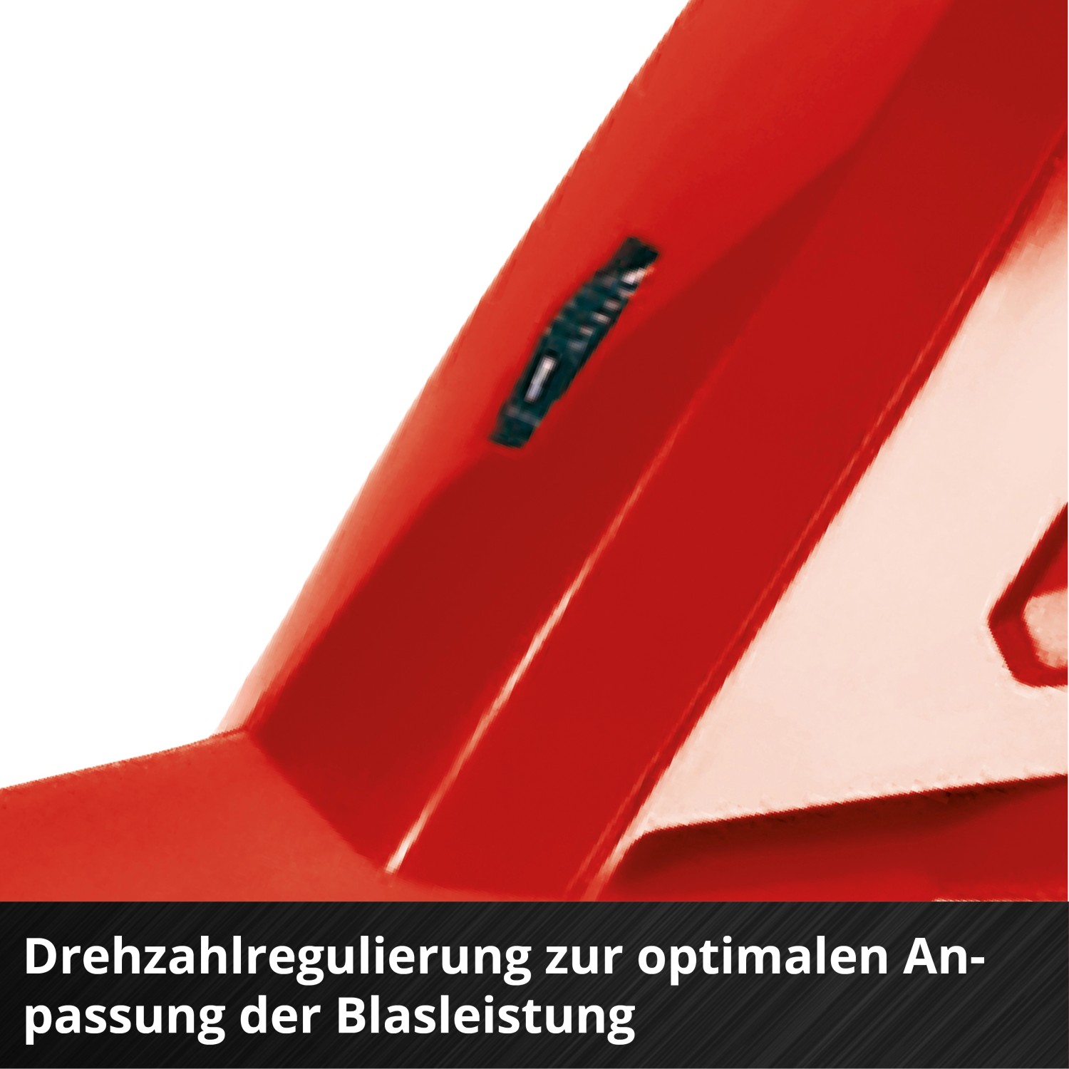 Detailaufnahme: Roter Einhell Akku-Laubbläser mit Drehzahlregler zur Anpassung der Blaskraft.