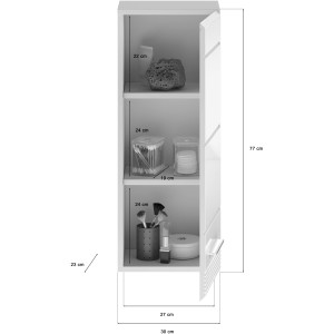 Weißer Hängeschrank Linus, 30 cm breit, mit offener Tür und drei Regalfächern. Badmöbel mit Hochglanz-Optik.