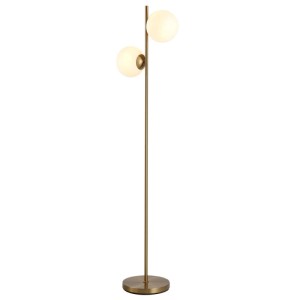 Moderne HOMCOM Stehlampe mit goldenem Stahlgestell und zwei runden Glas-Lampenschirmen für Innenleuchten.