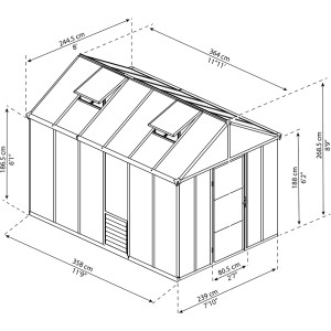 Technische Zeichnung: Palram Canopia Glory 3.6x2.5 Gewächshaus, Maße und Details.