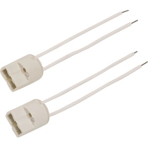 Zwei weiße G9 Lampenfassungen aus Keramik für Hochvolt-Halogenlampen mit Kabel.