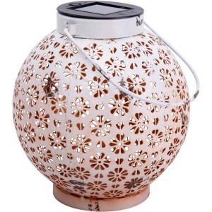 Weiße LED Solar Deko-Leuchte im 2er-Set, 18 cm, mit Blumenmuster für Garten und Tisch.