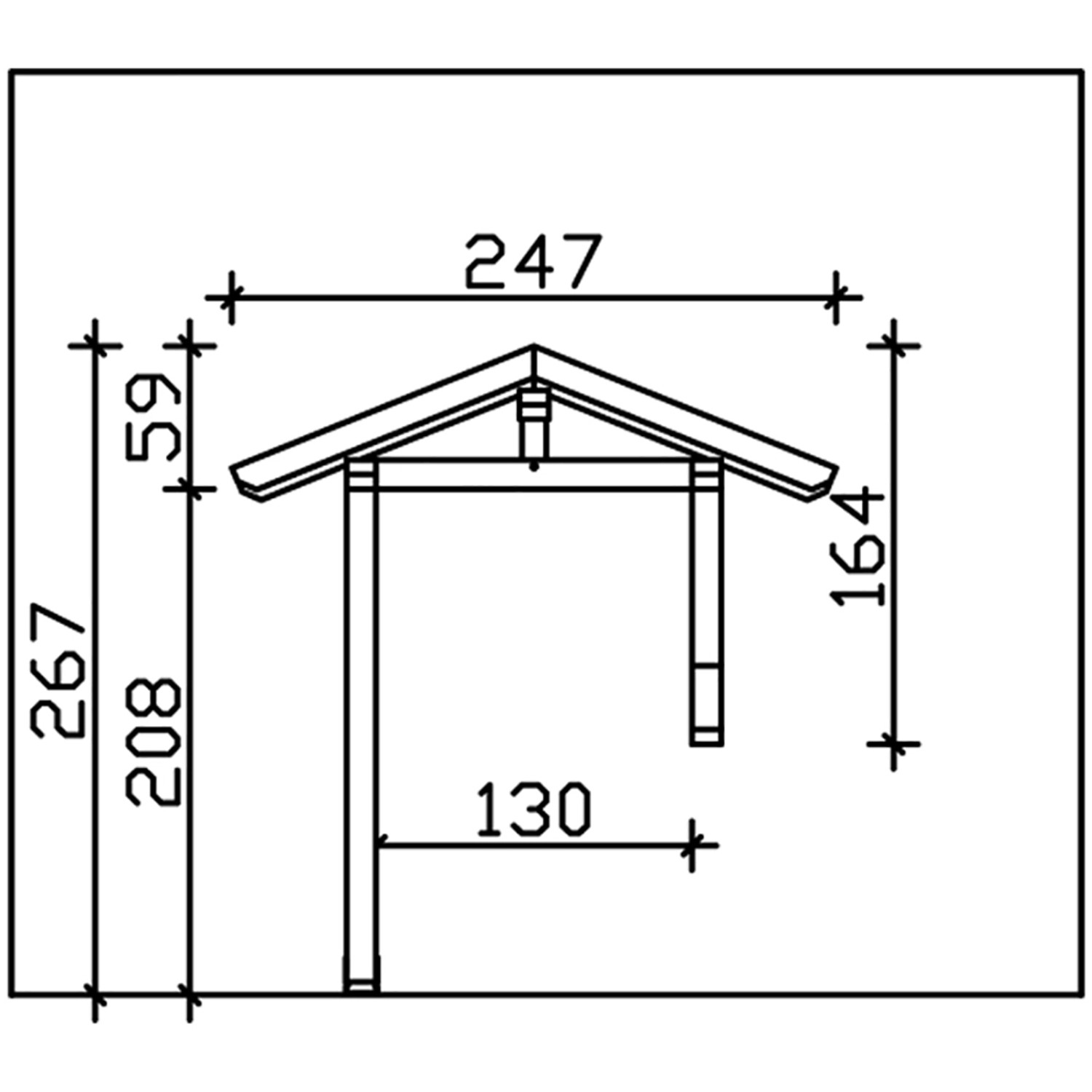 Technische Zeichnung: Skan Holz Haustürvordach Siegen 3, Eiche hell lasiert, Maße 247x116 cm.