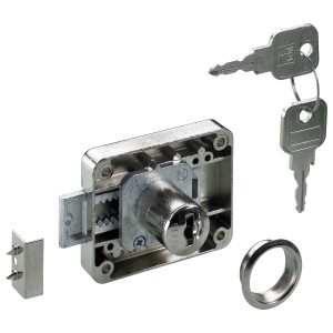 Hettich Zylinder-Aufschraubschloss, vernickelt, mit 2 Schlüsseln, Schließblech und Rosette.