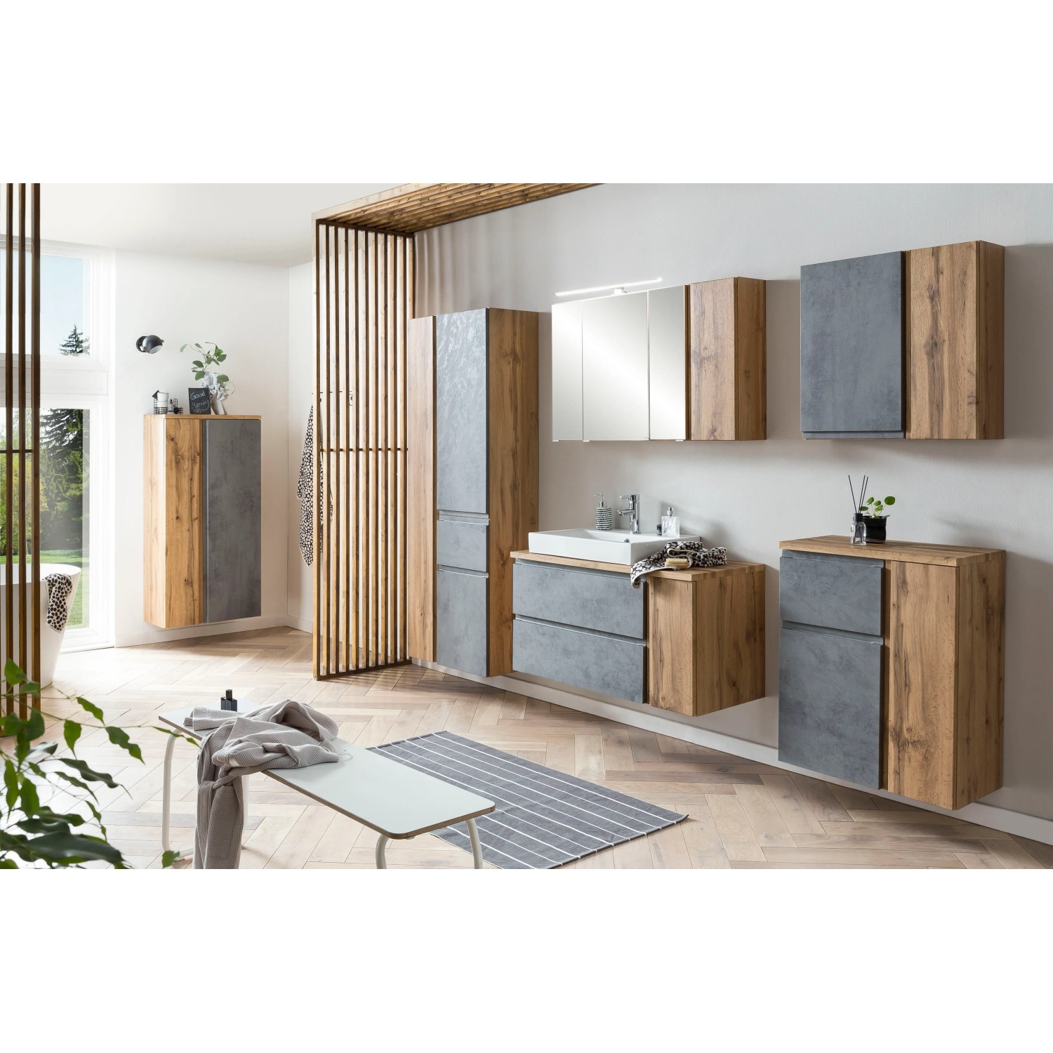 Held Möbel Badmöbel-Set Ancona: Hängeschrank in Betongrau und Wotaneiche, modernes Design.