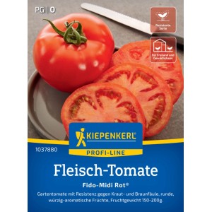 Kiepenkerl Fleisch-Tomate Fido-Midi Rot® Samen: Rote Tomate und Tomatenscheiben auf der Packung.