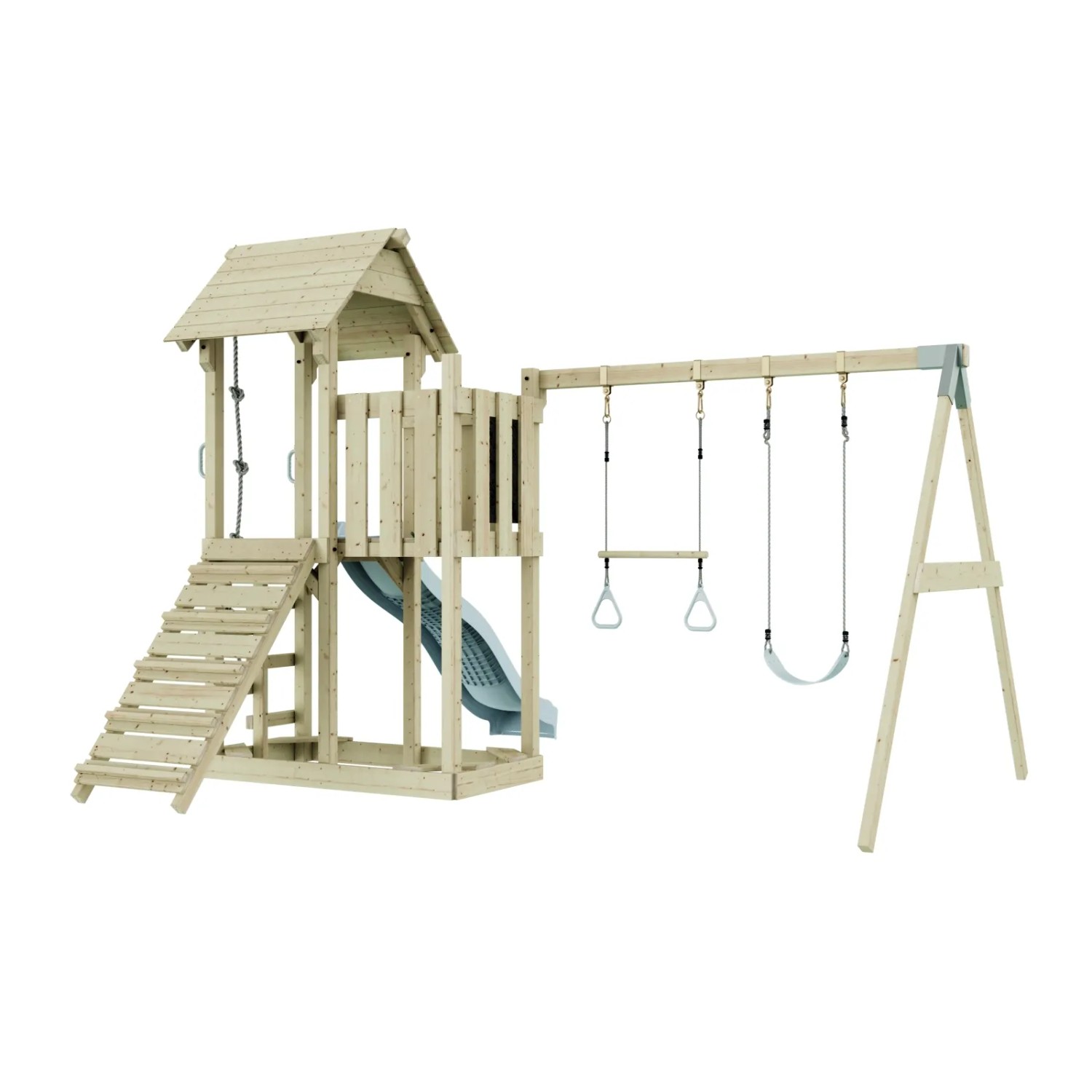 PolarPlay Spielturm Uppsala mit Schaukel, Rutsche und Trapezstange Eisblau.