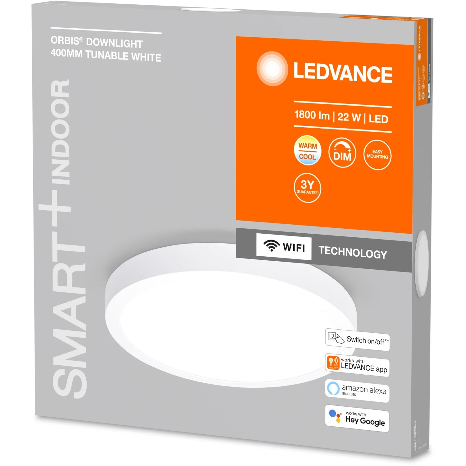 Verpackung der Ledvance Smart+ WiFi Einbauleuchte, rund, weiß, 40 cm Durchmesser. Smarte Deckenleuchte mit WiFi.