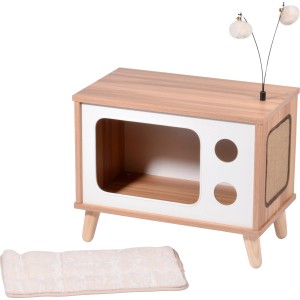 Dobar Katzenhöhle im TV-Design mit Spielbällen, braun-weiß. Kratzfläche und Kissen inklusive.