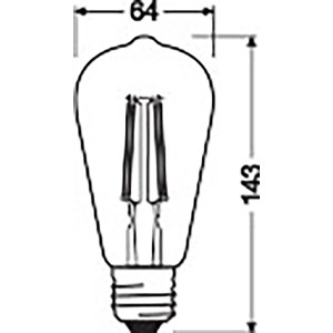 Skizze einer Ledvance Smart+ Filament Edison E27 Leuchte mit Maßangaben.