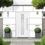 Weiße Sicherheits-Haustür ThermoSpace Palermo RC2 mit Glaseinsatz und Edelstahlgriff.