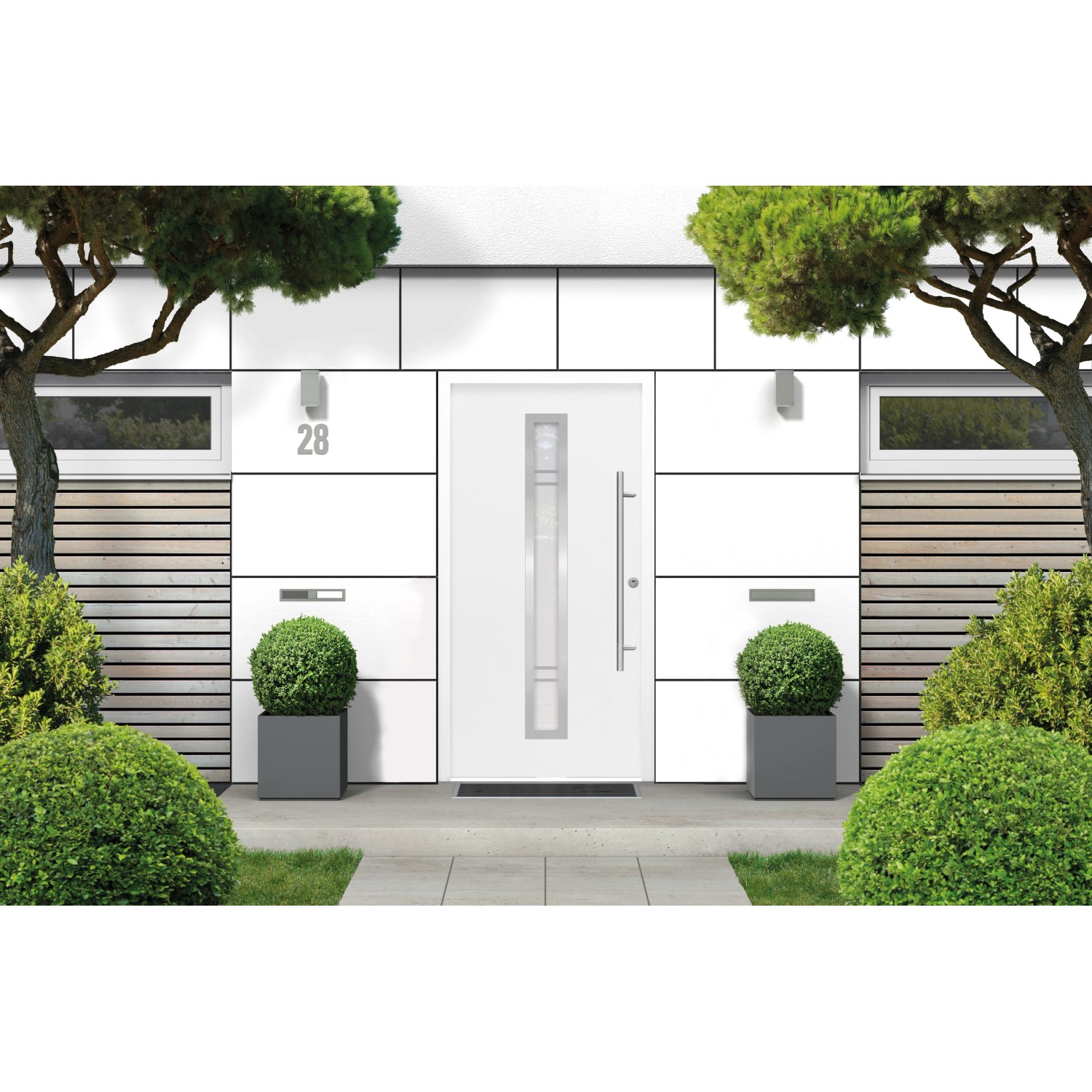 Weiße Sicherheits-Haustür ThermoSpace Palermo RC2 mit Glaseinsatz und Edelstahlgriff.