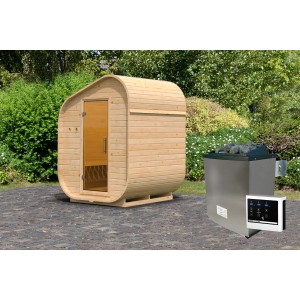 Karibu Fasssauna Asymmetrisch 1 mit externem Ofen (9 kW), naturbelassen. Massivholzsauna mit Glastür.