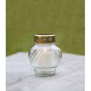 FlowerPower Iglesia Grablampe, weiße Glaslaterne mit Golddeckel, 10,5x13cm. Stimmungsvolle Grabkerze.