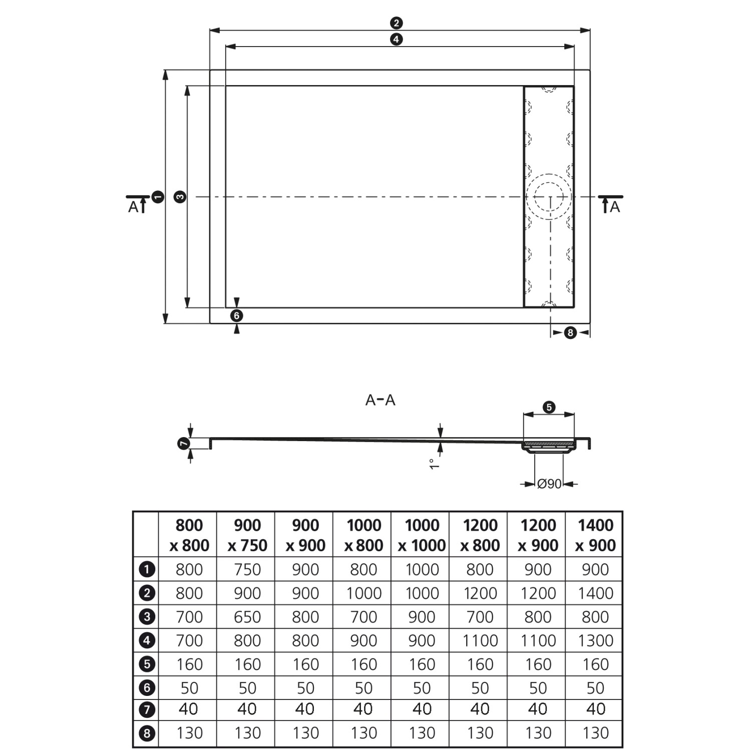 Technische Zeichnung der Ottofond Duschwanne Plateau Quadrat, 80x80 cm, mit Maßangaben.