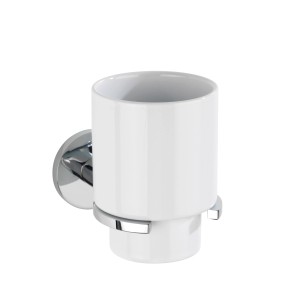 Wenko Zahnputzbecherhalter Isera, silber glänzend, mit weißem Keramikbecher.