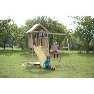 Kinderspielturm Biene mit Rutsche, Kletterwand und Schaukel für Kinder im Garten.