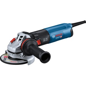 Bosch Professional GWS 14-125 Winkelschleifer in Blau/Schwarz mit Schleifscheibe und Zusatzhandgriff.