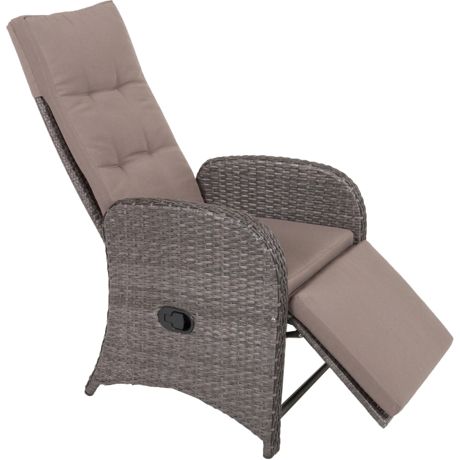 Grauer Relaxsessel Salerno 2er-Set mit verstellbarer Rückenlehne und Fußteil aus Polyrattan.