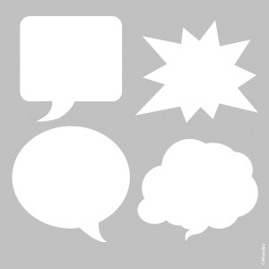 Marabu Schablone Speech (33x33cm) mit vier weißen Sprechblasen Motiven.