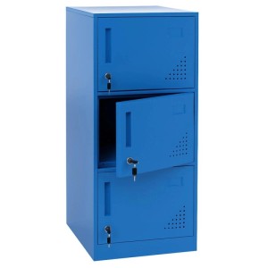 Blauer MCW Spind P63 mit 3 Türen, eine Tür geöffnet, für Büro oder Werkstatt.