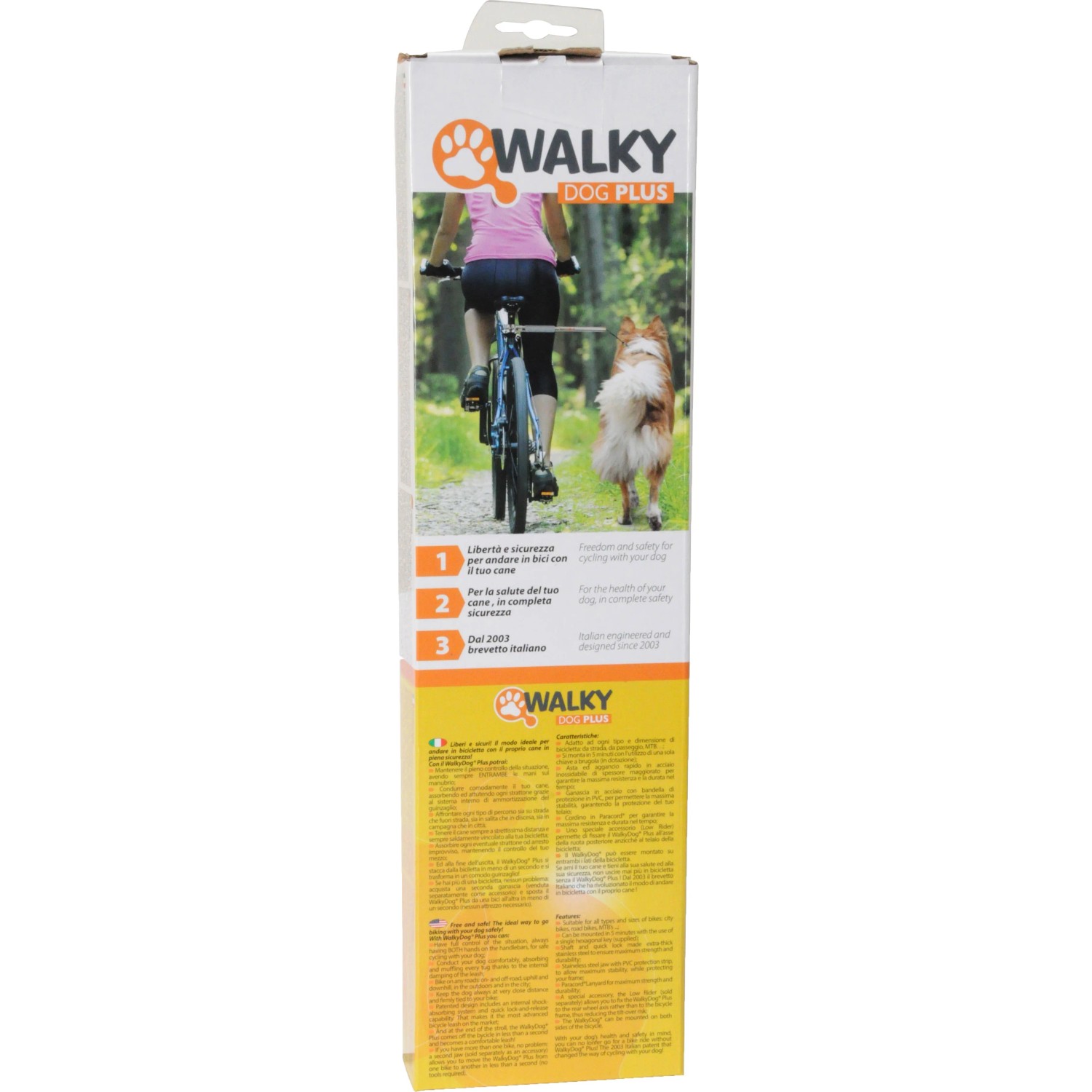 Verpackung der Walky Dog Plus Fahrrad Hundeleine mit Radfahrer und Hund.