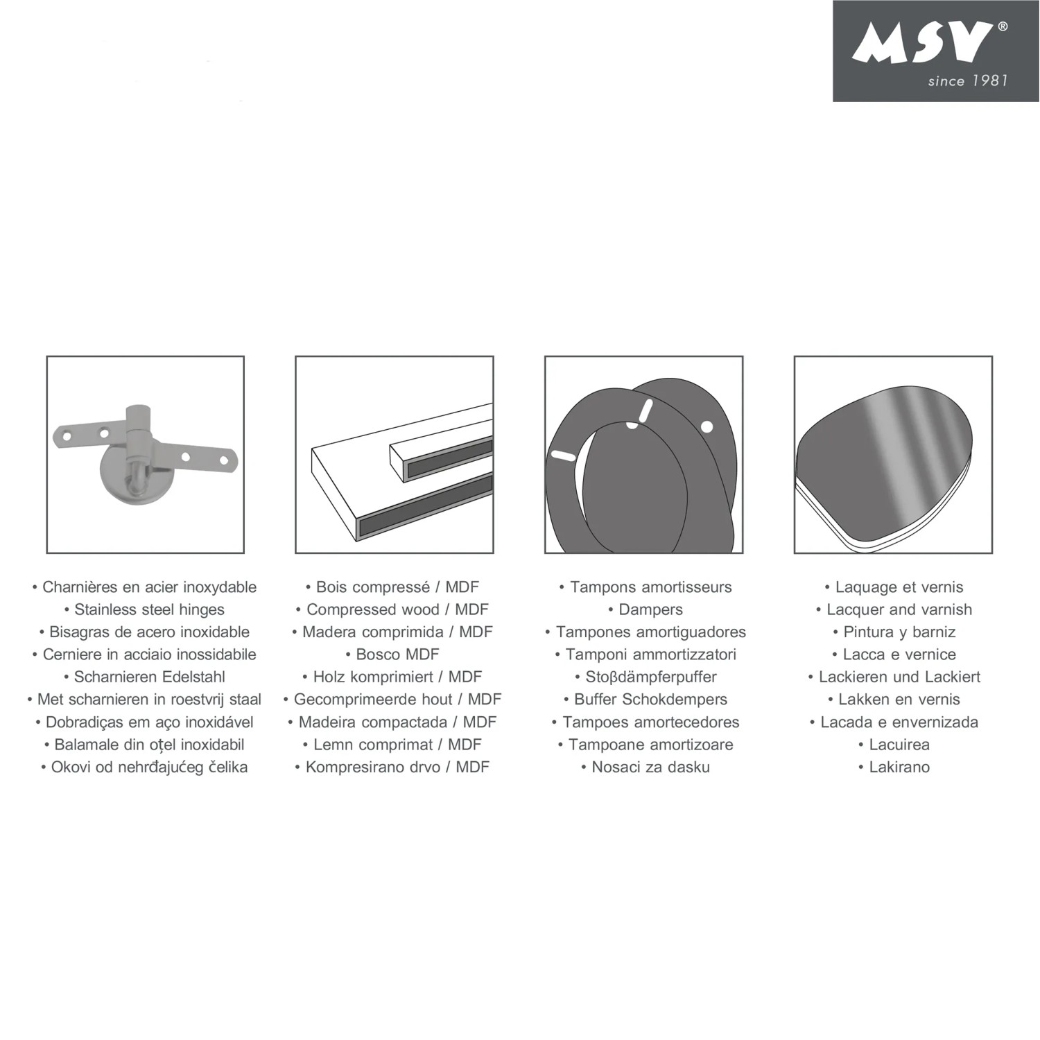 MSV WC-Sitz Cleo: Details zu Scharnieren, MDF-Holz, Dämpfern und Lackierung.