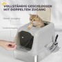 PawHut Katzenklo hellgrau, geschlossen, mit Edelstahlwanne, doppelter Zugang. Katze am Top-Ausgang, Streufang, Schaufel.