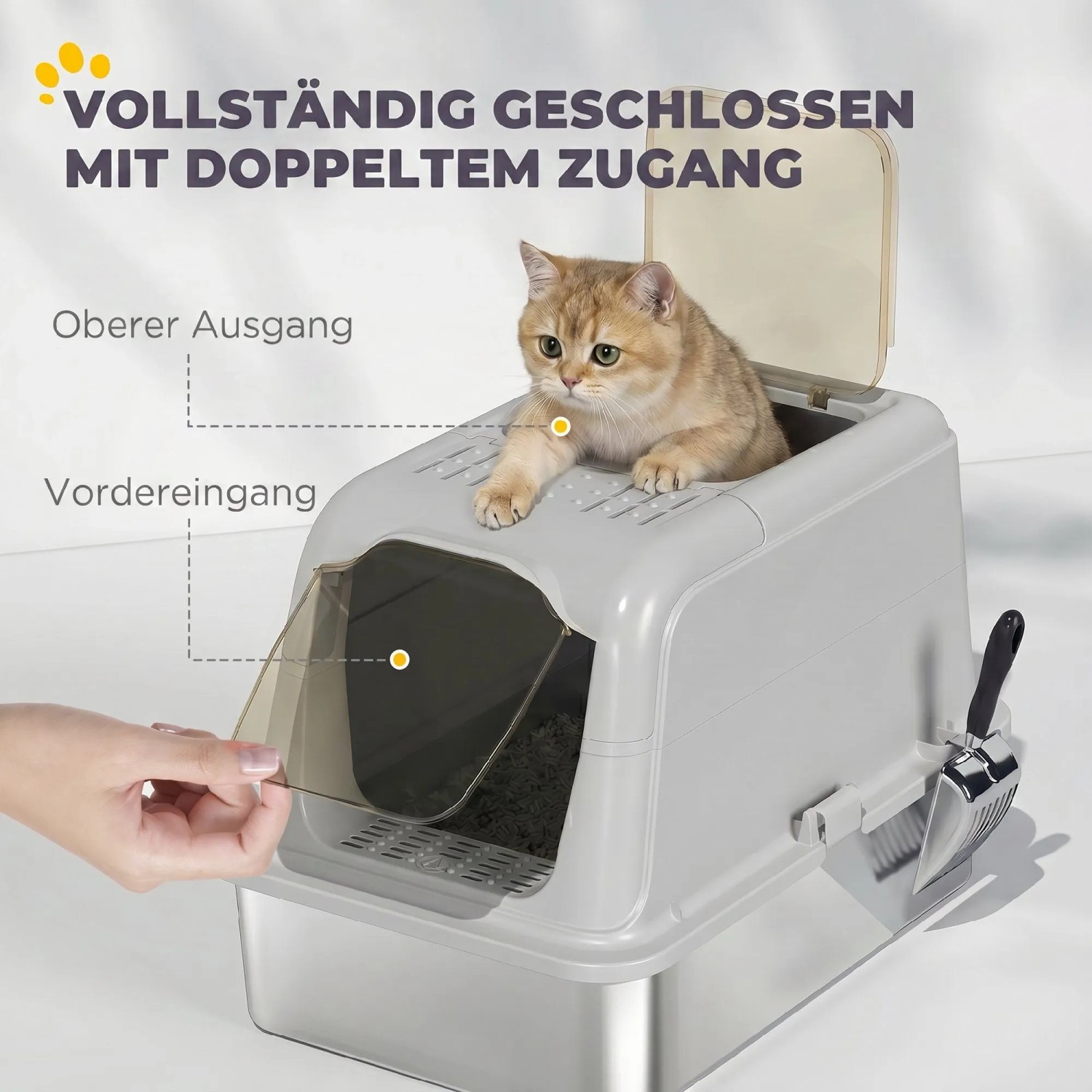 PawHut Katzenklo hellgrau, geschlossen, mit Edelstahlwanne, doppelter Zugang. Katze am Top-Ausgang, Streufang, Schaufel.