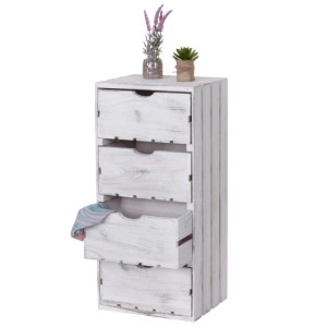 Weiße MCW Kommode C62 aus Paulowniaholz mit 4 Schubladen im Shabby-Look. Eine Schublade ist geöffnet.