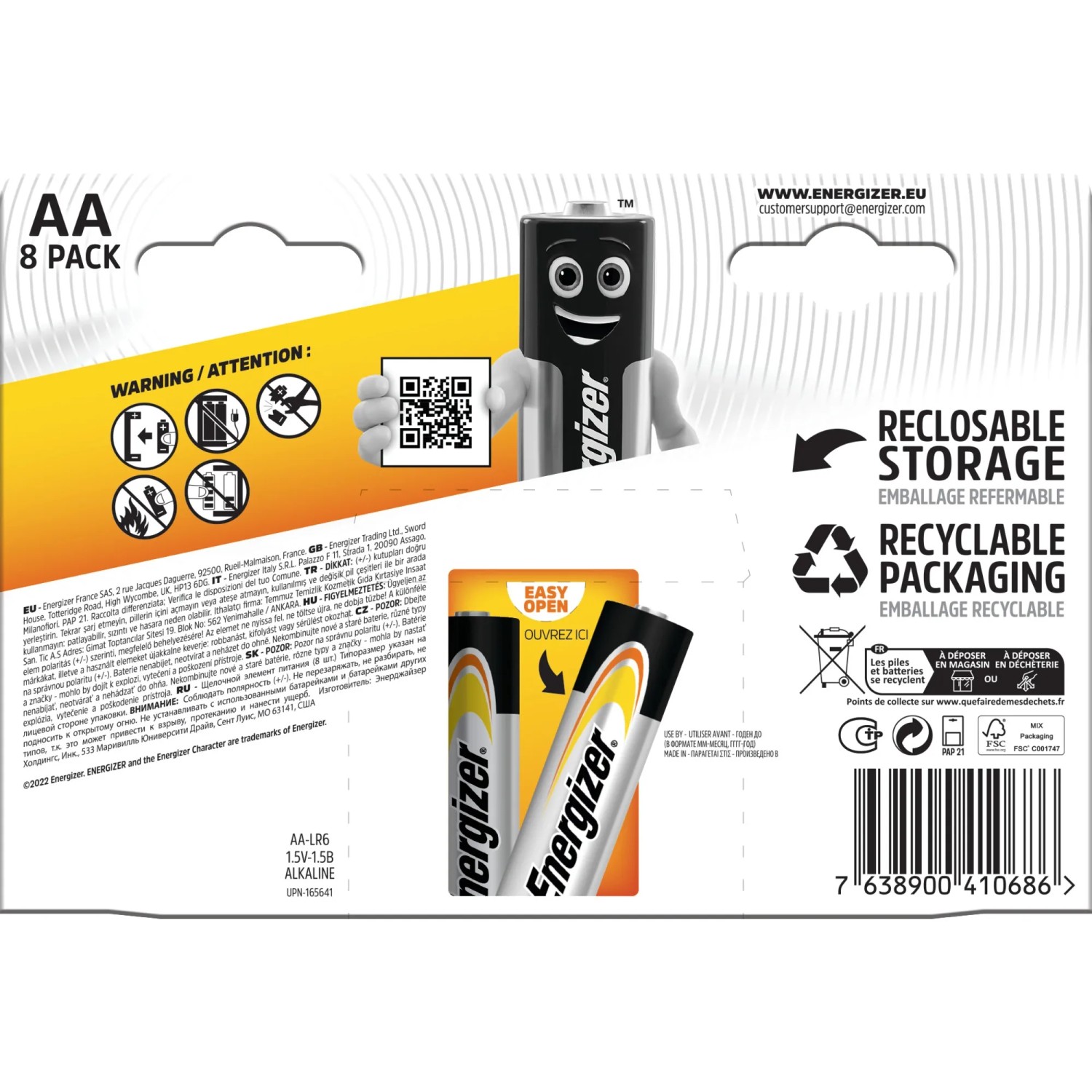 Energizer Alkaline Power AA Batterien, 8er-Pack. Mignon Batterien für Geräte des täglichen Gebrauchs.