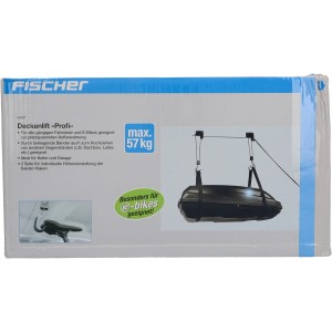 Verpackung des Fischer Fahrradlift ProfiPlus für Deckenmontage, geeignet für Fahrräder und E-Bikes bis 57kg.