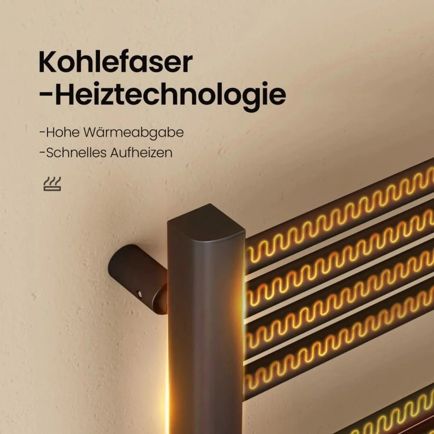 Schwarzer Emke Handtuchwärmer Heizkörper mit glühenden Heizelementen. Detail der effizienten Trockenheizung.