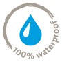 Symbol für 100% wasserdicht, blaue Wassertropfen in grauem Kreis.
