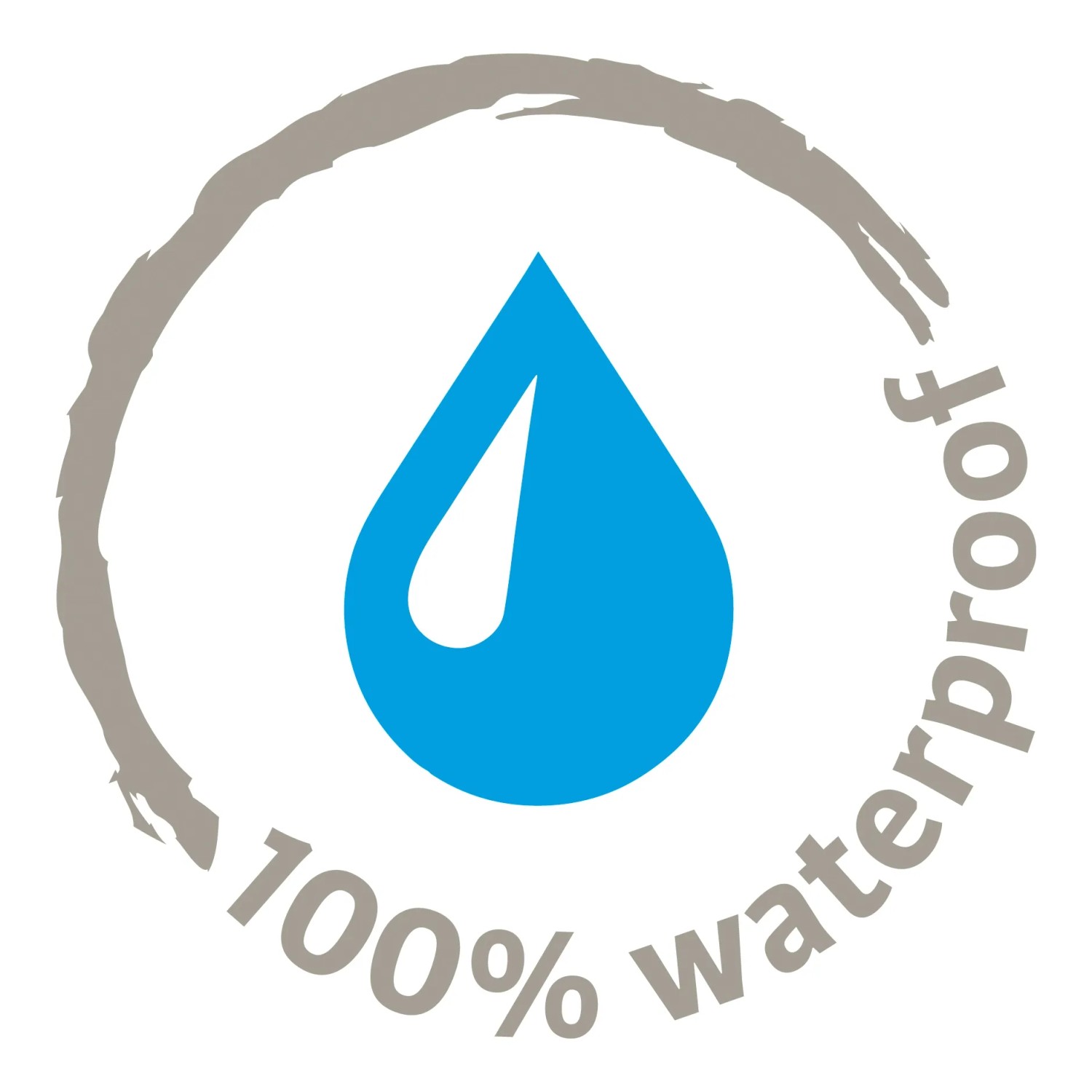 Symbol für 100% wasserdicht, blaue Wassertropfen in grauem Kreis.