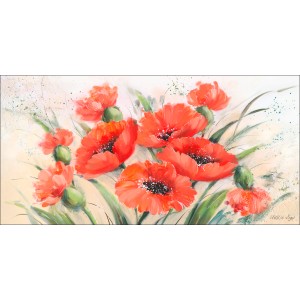 Leinwandbild mit Klatschmohn-Motiv, 50x100 cm, Malerei mit roten Blüten und grünen Stielen.
