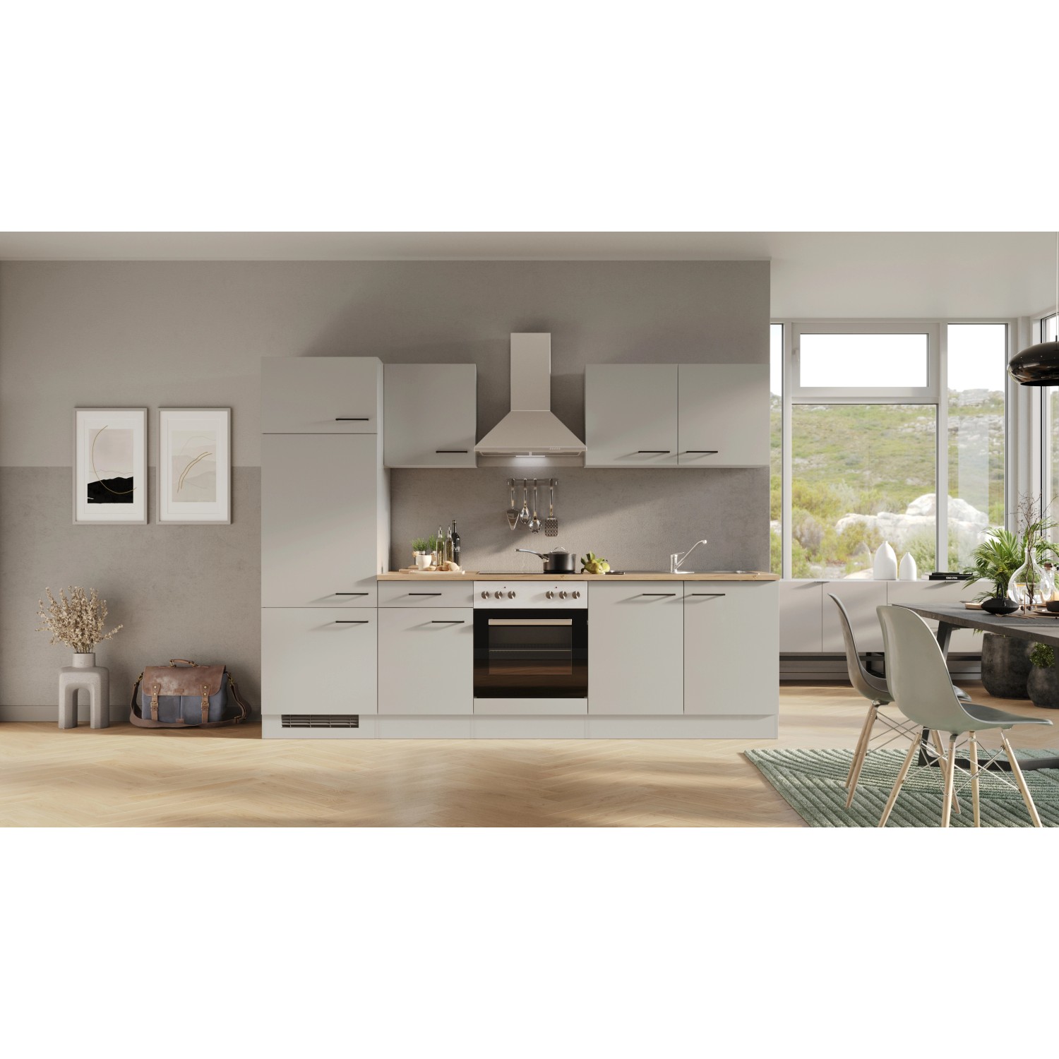 Flex-Well Küchenzeile Lund, 270 cm, lichtgrau/rauchgrau, mit E-Geräten und Spüle.