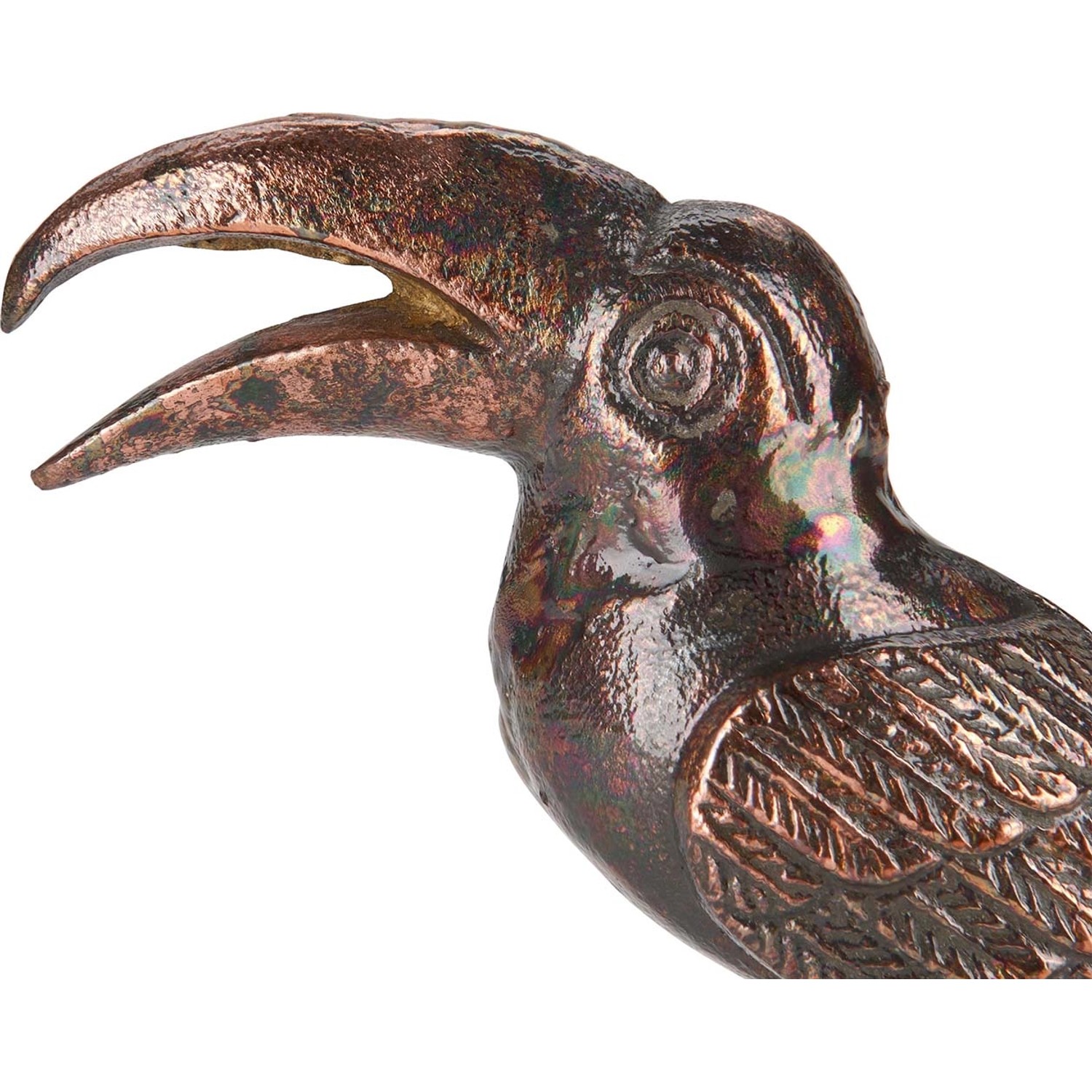 Detailaufnahme: Dekorativer Vogel Dark Wonder, bronze-goldene Deko-Figur aus Aluminium, 15 cm.