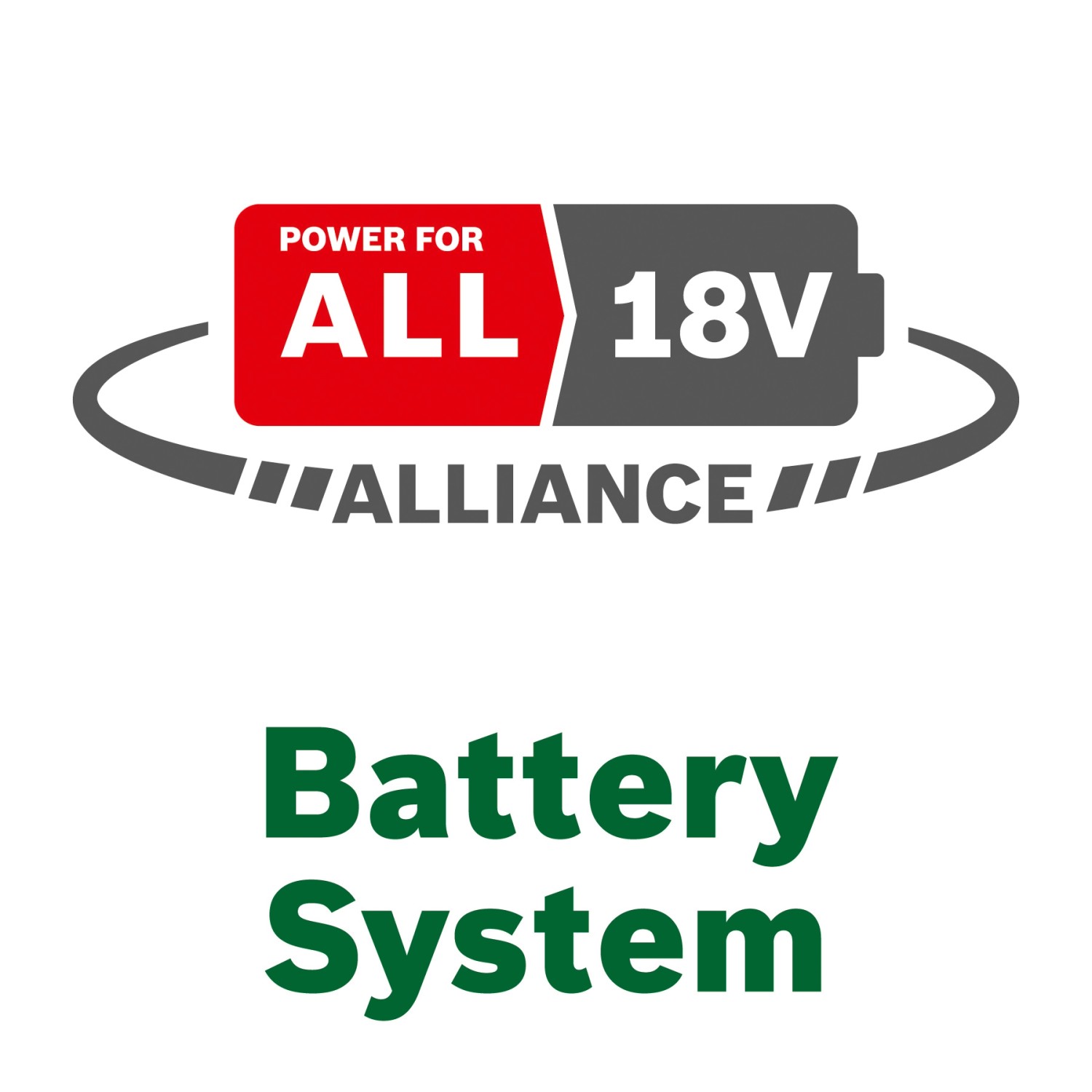 Bosch 18V Power For All Akku-System Logo für Rasentrimmer und Gartengeräte.